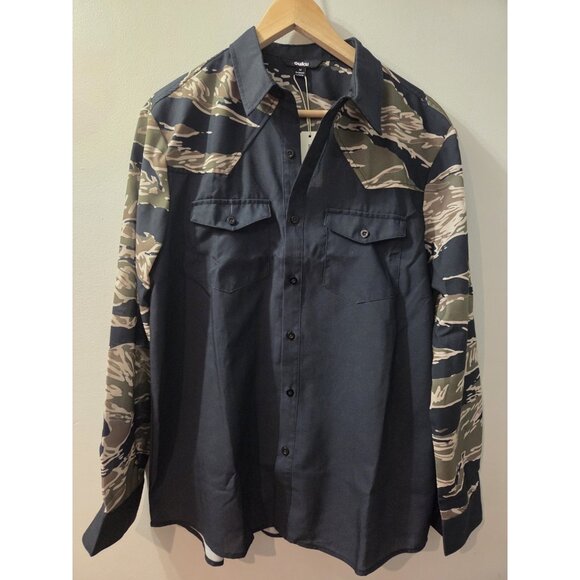 Ouku Men Shirt Long Sleeves Size Medium Black and Camo Collared New With Tag - Picture 1 of 8